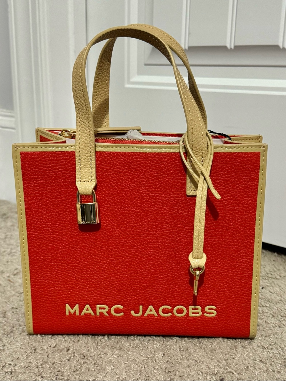 Pretty Marc Jacobs red khaki pebbled leather medium tote crossbody purse bag new